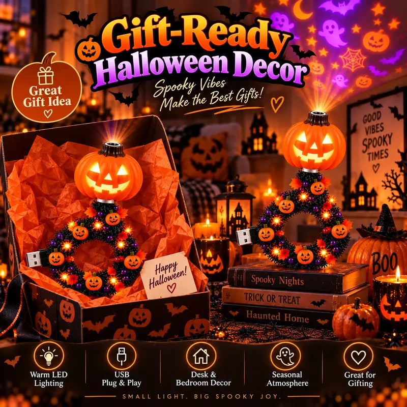 ✅Free Shipping🎃USB Halloween Pumpkin Projector Light, 6 Modes Wreath Lamp Halloween Decor Gift