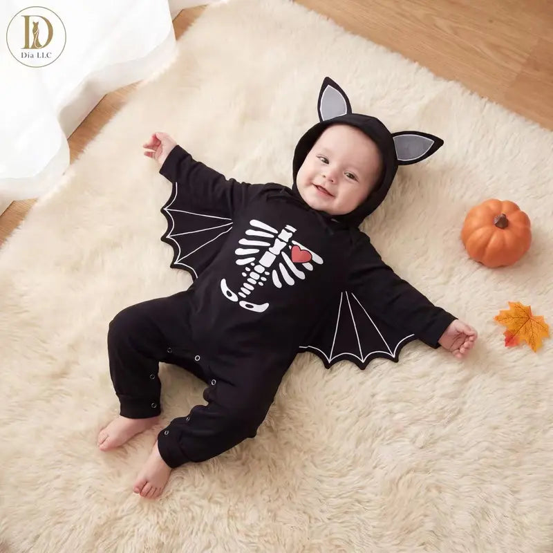 🚚 Free Shipping | Baby Halloween Bat Romper with Ear Hood – Skeleton & Pumpkin Prints