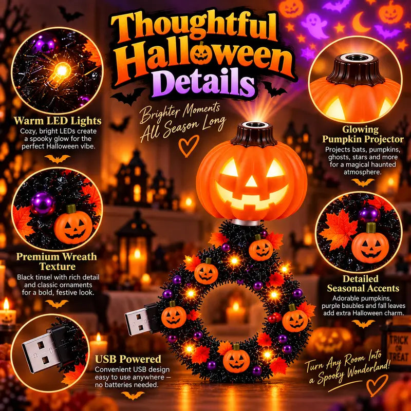 ✅Free Shipping🎃USB Halloween Pumpkin Projector Light, 6 Modes Wreath Lamp Halloween Decor Gift