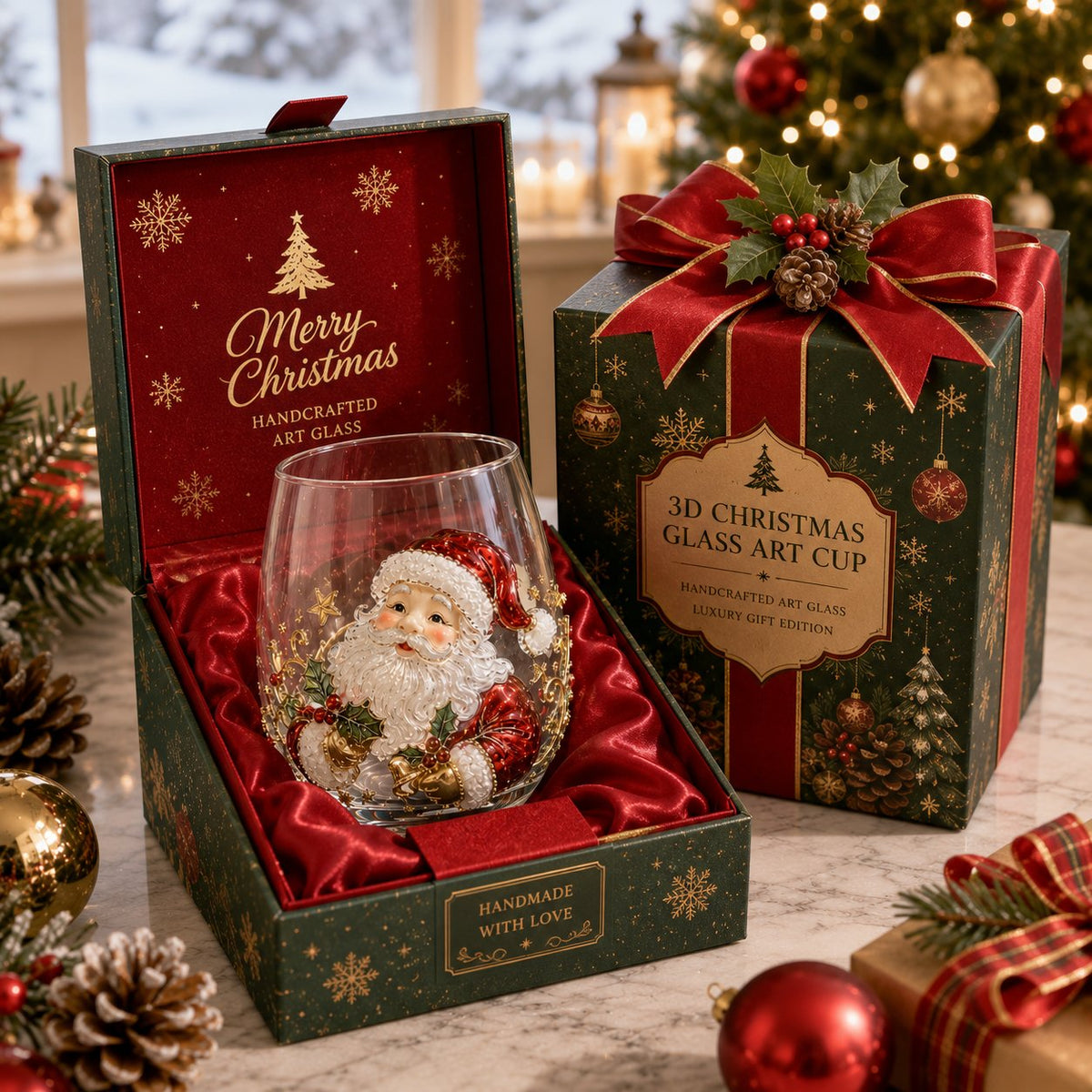 🚚📦 Free Shipping 🎄✨ 3D Christmas Glass Art Cup | Luxury Raised Holiday Glassware for Drinks, Decor & Christmas Gifts 🎁