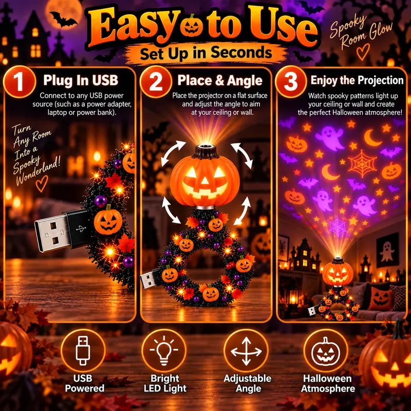 ✅Free Shipping🎃USB Halloween Pumpkin Projector Light, 6 Modes Wreath Lamp Halloween Decor Gift
