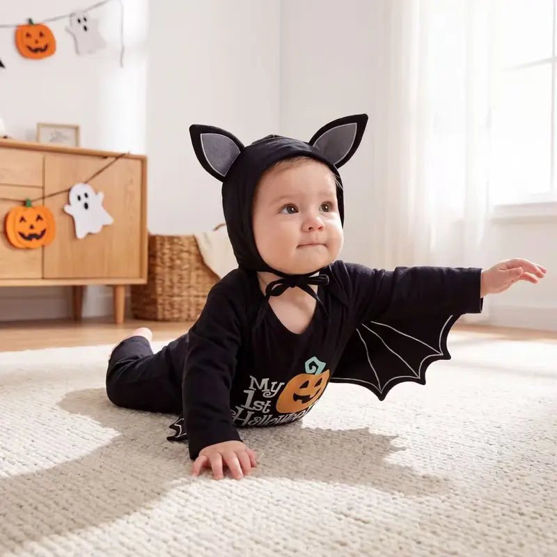 🚚 Free Shipping | Baby Halloween Bat Romper with Ear Hood – Skeleton & Pumpkin Prints