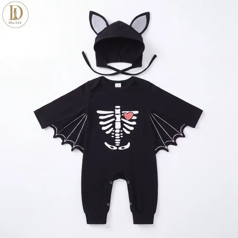 🚚 Free Shipping | Baby Halloween Bat Romper with Ear Hood – Skeleton & Pumpkin Prints