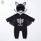 🚚 Free Shipping | Baby Halloween Bat Romper with Ear Hood – Skeleton & Pumpkin Prints