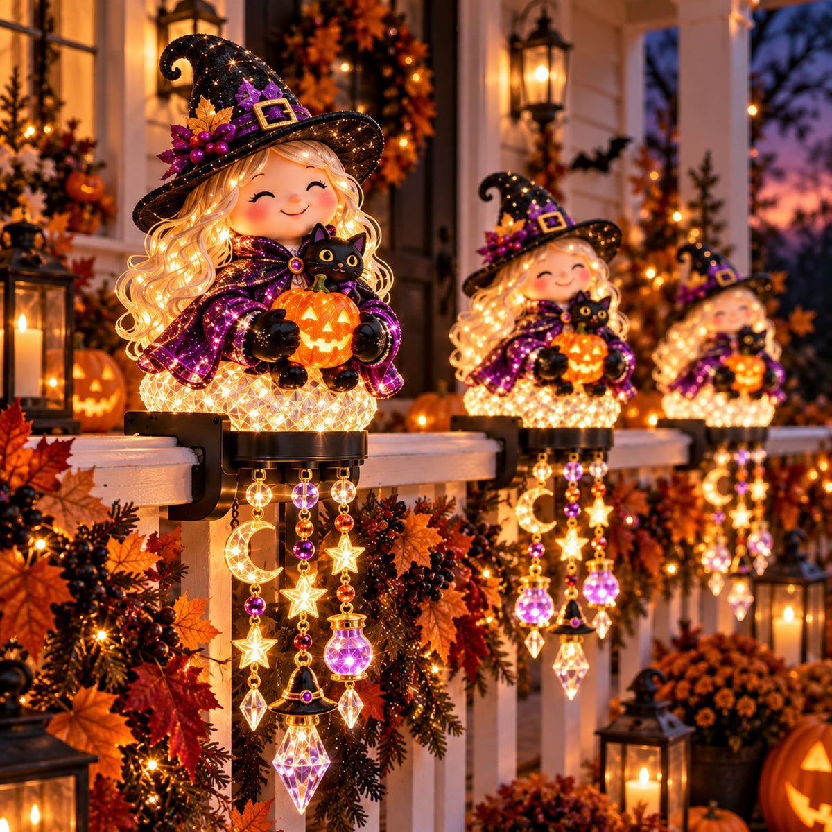 🔥Buy 2 Get 10% OFF🔥🎃 Halloween Porch Magic Cascade Railing Lights – Pumpkin, Witch, Ghost & Black Cat🎃🎃