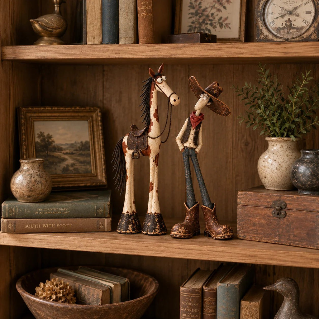 🔥🤠🐴 Whimsical Western Cowboy & Horse Figurine Duo 🌵