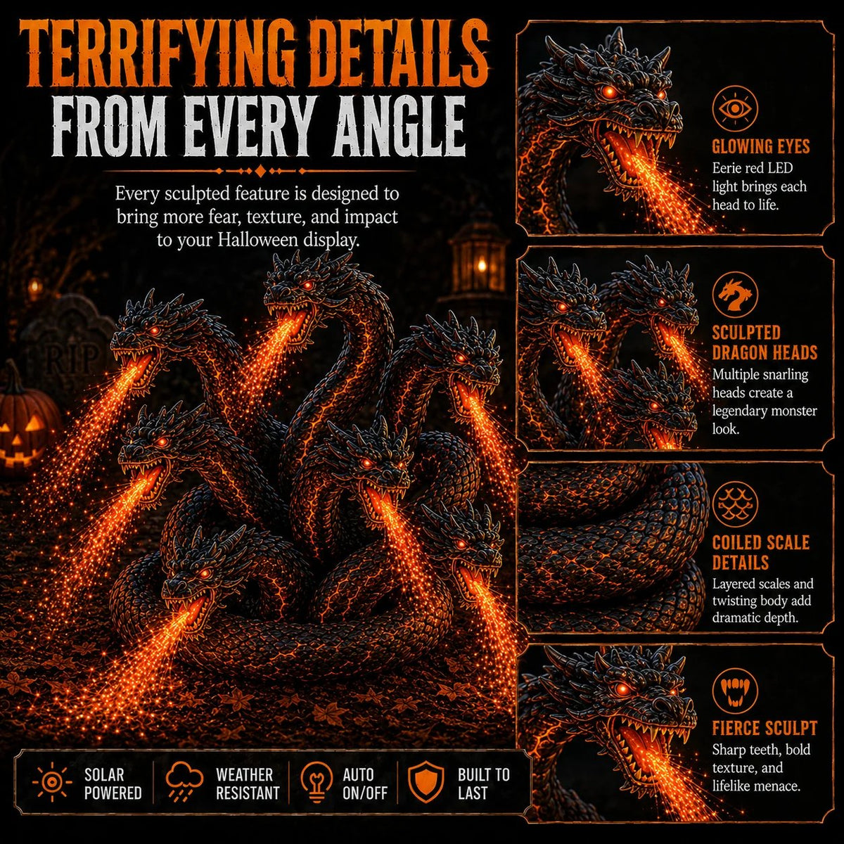 🔥🐉Fire-Breathing Orochi Solar Garden Light – Epic Multi-Headed Dragon Halloween Decor