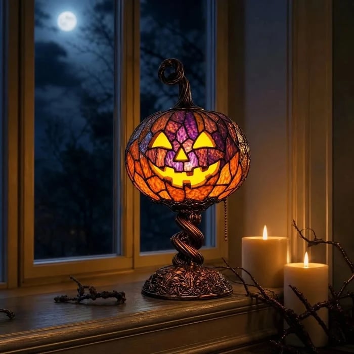 🎃Lámpara de mesa de calabaza estilo vidriera de Halloween