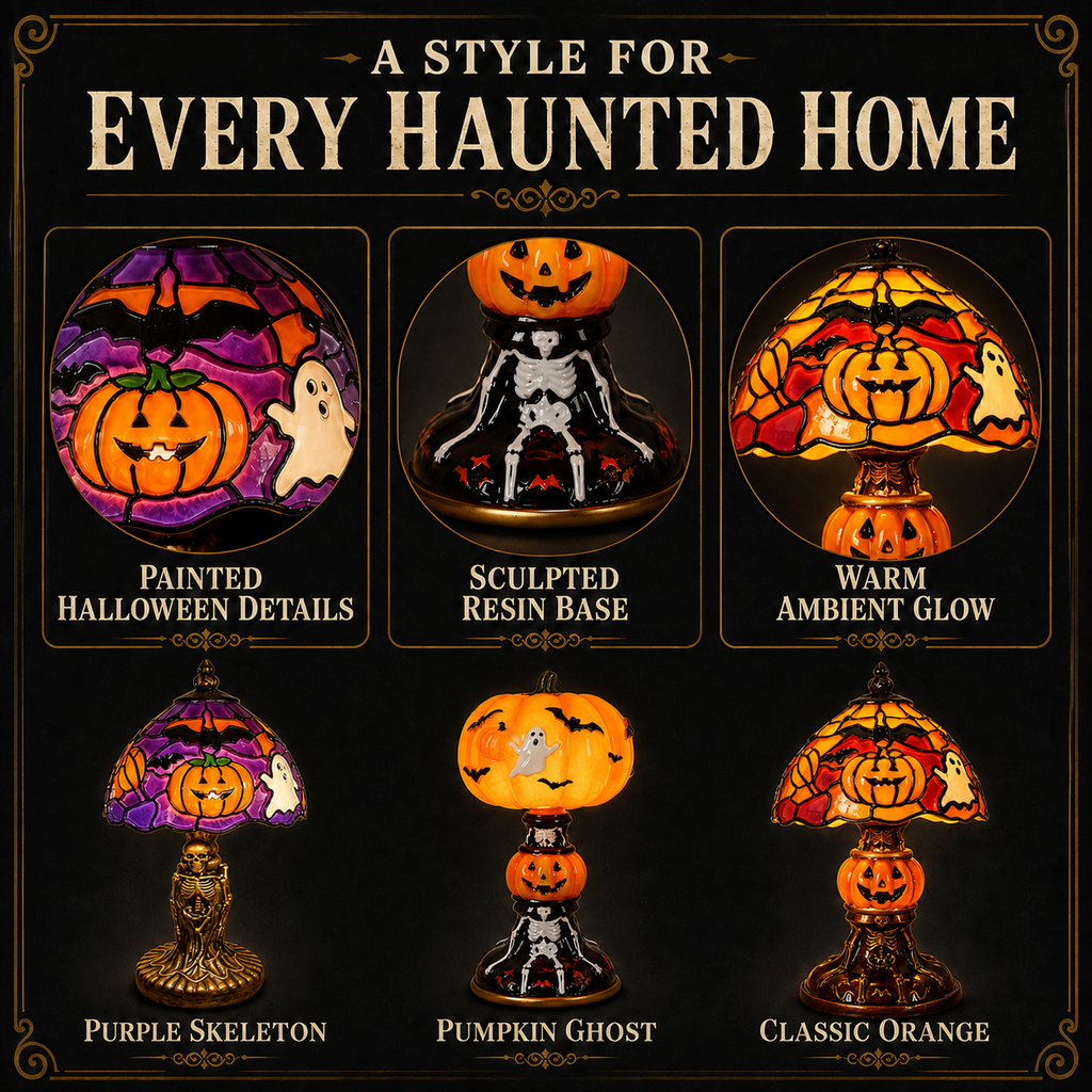 🔥Hot Sale - 40% OFF🔥 –🎃Retro Halloween Pumpkin Desk Lamp – Resin Bat & Ghost Accent Light, 3 Styles