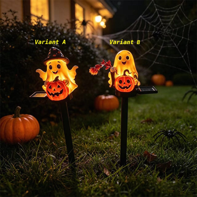 Estaca de luz solar para Halloween con fantasma y calabaza