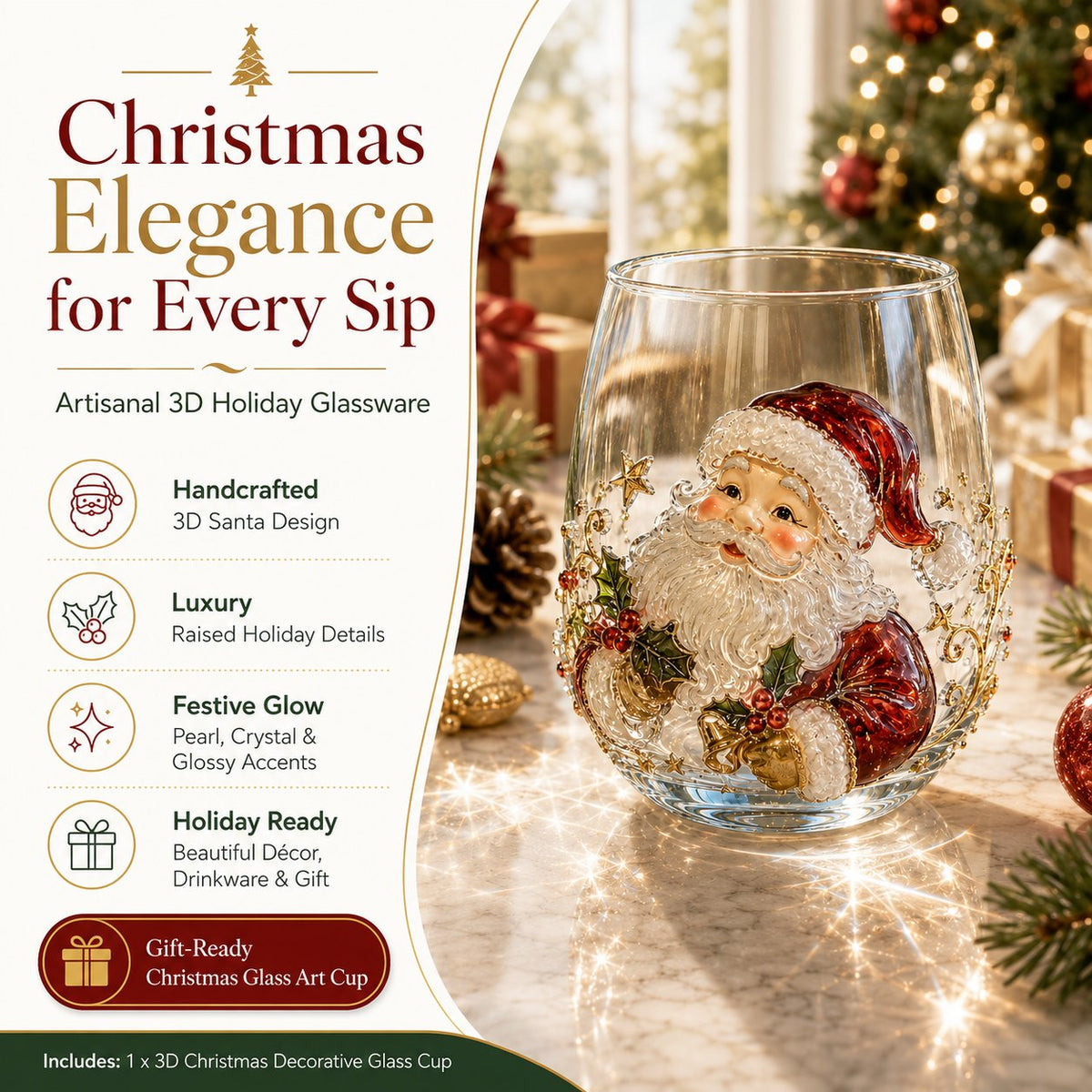 🚚📦 Free Shipping 🎄✨ 3D Christmas Glass Art Cup | Luxury Raised Holiday Glassware for Drinks, Decor & Christmas Gifts 🎁