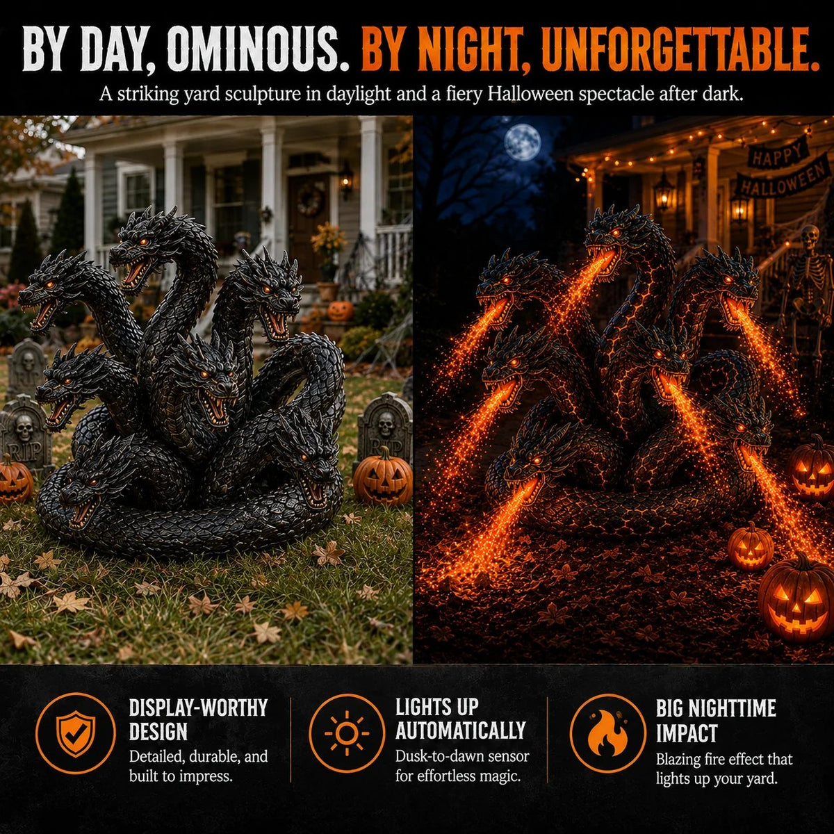 🔥🐉Fire-Breathing Orochi Solar Garden Light – Epic Multi-Headed Dragon Halloween Decor