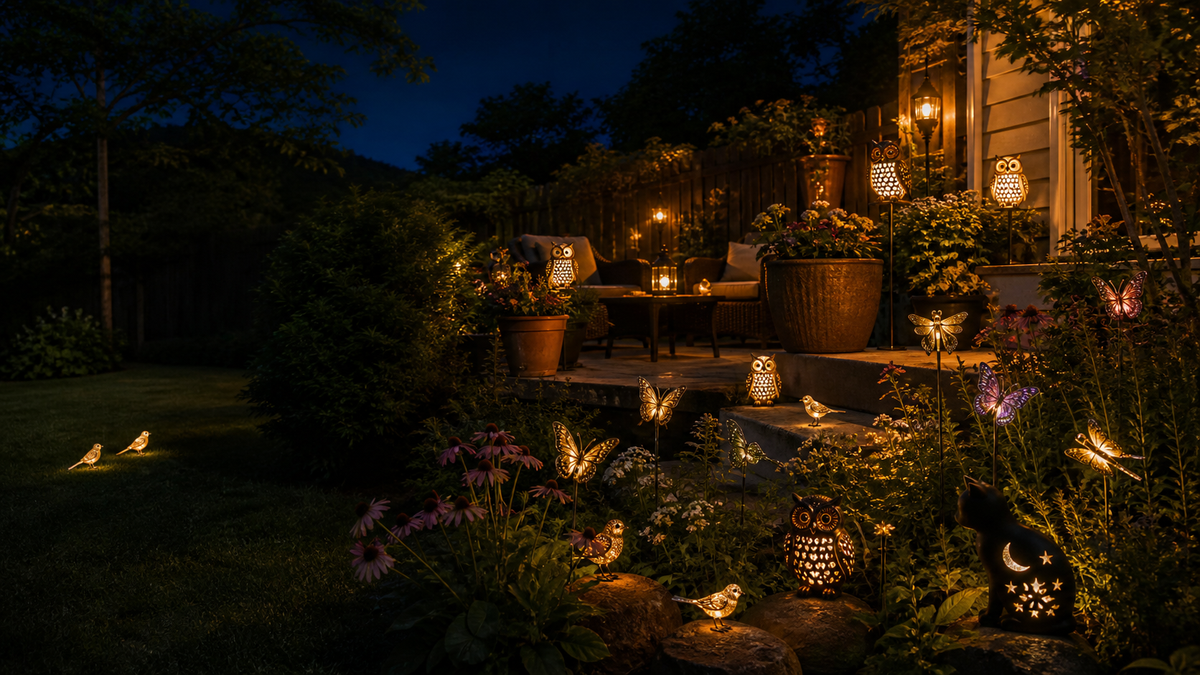 GloamNest animal and whimsical lights in a warm backyard garden