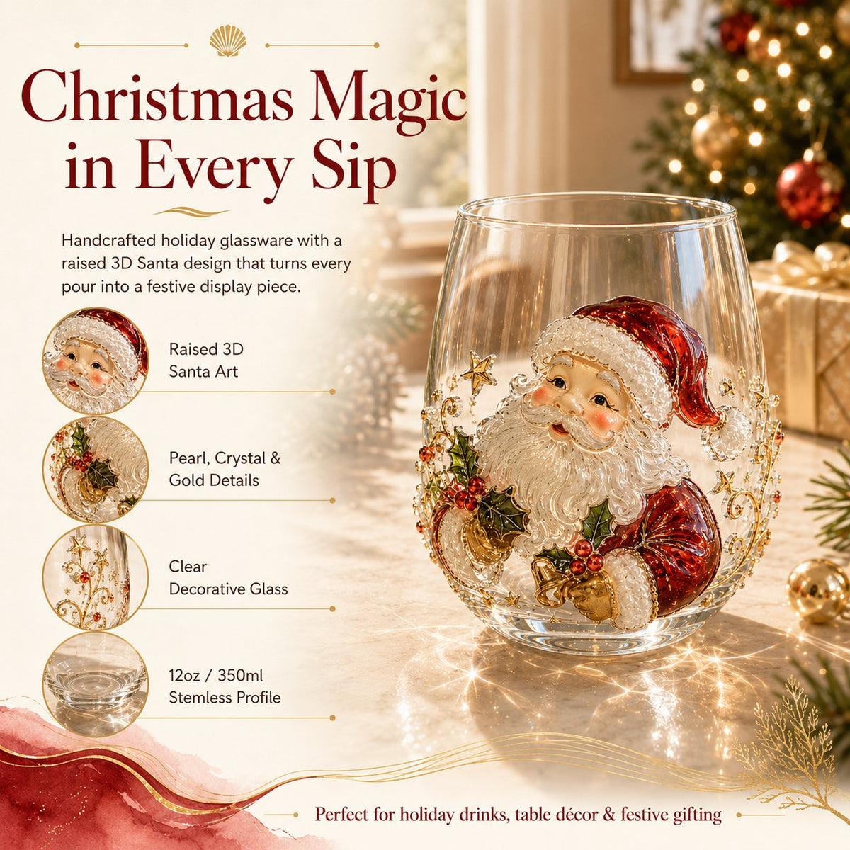 🚚📦 Free Shipping 🎄✨ 3D Christmas Glass Art Cup | Luxury Raised Holiday Glassware for Drinks, Decor & Christmas Gifts 🎁