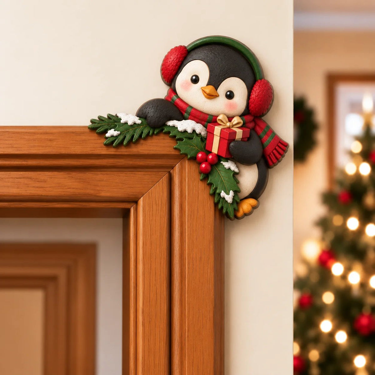 "Peekaboo" Christmas decoration for the door frame corner
