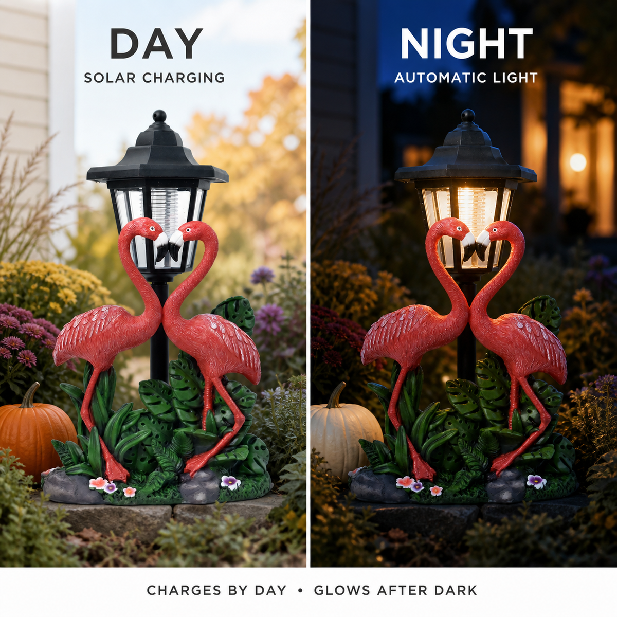 Farol de jardín solar con diseño de pareja de flamencos