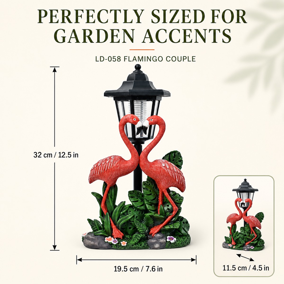 Farol de jardín solar con diseño de pareja de flamencos