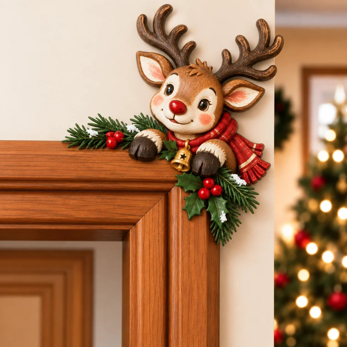"Peekaboo" Christmas decoration for the door frame corner