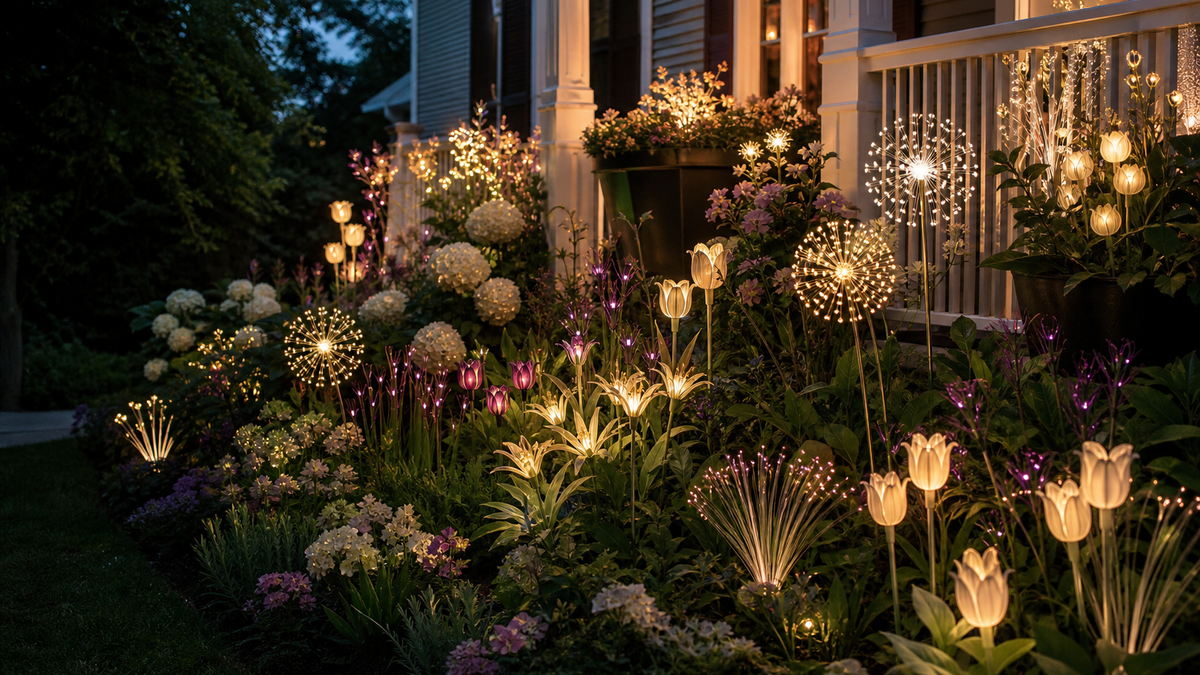 GloamNest flower and botanical lights illuminating a romantic porch garden