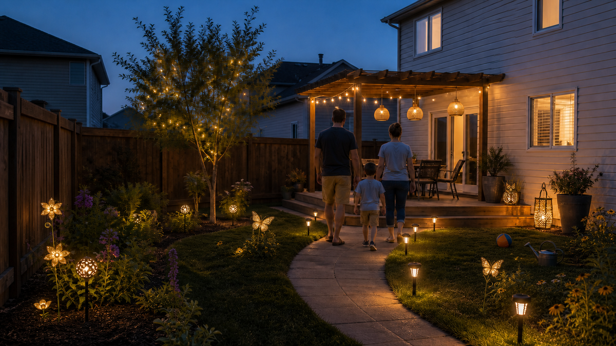 A family enjoying a professionally lit suburban backyard by GloamNest