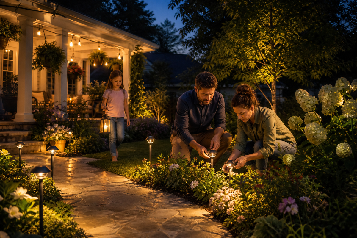 A family arranging pathway lights together in their home garden