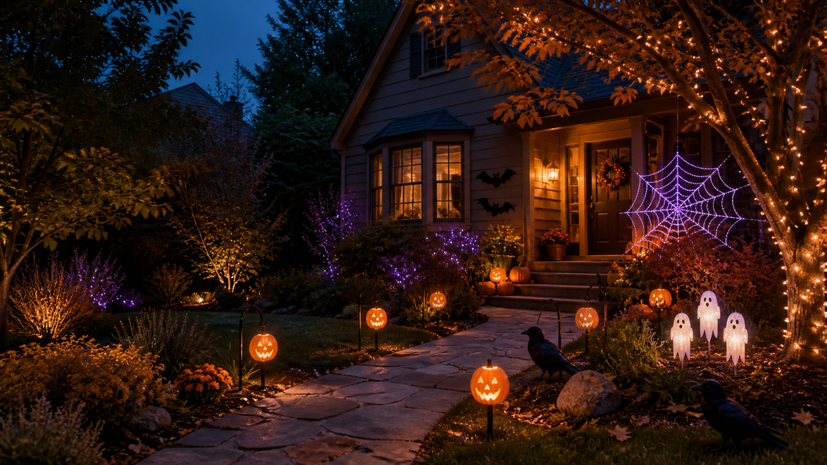 GloamNest Halloween garden lights in a festive suburban front yard
