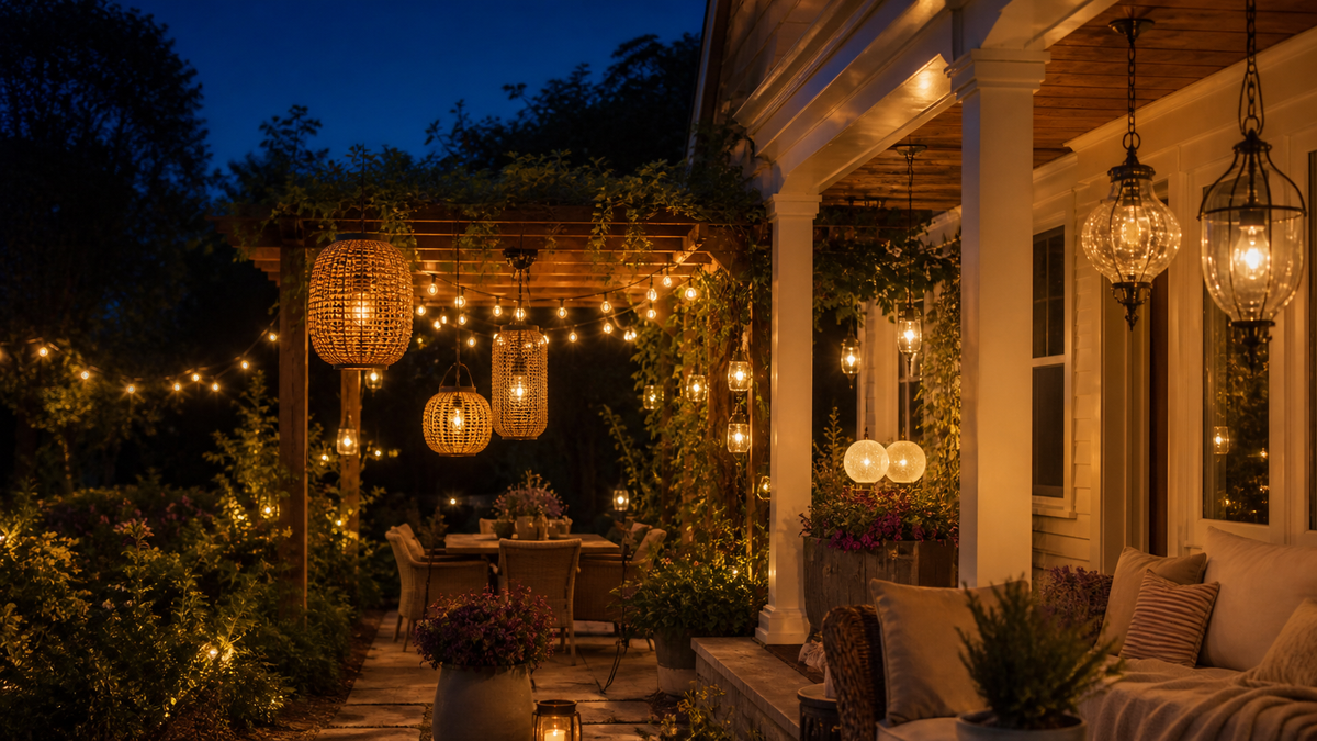 GloamNest hanging lights on a cozy garden porch and pergola