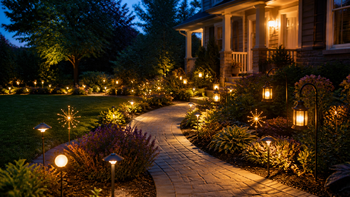 GloamNest pathway and stake lights illuminating a welcoming garden path